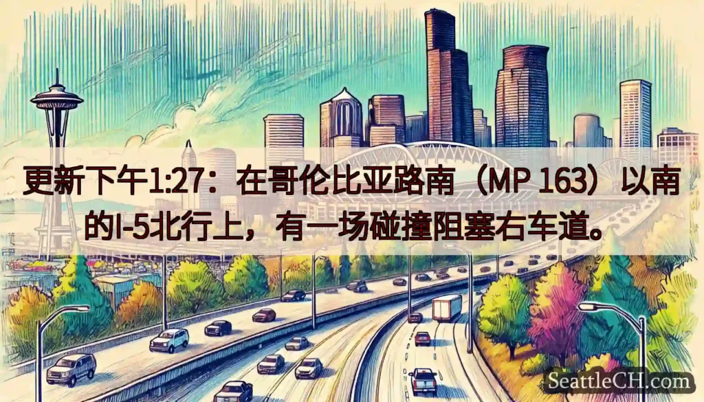 更新下午1:27：在哥伦比亚路南（MP 163）以南的I-5北行上，有一场碰撞阻塞右车道。