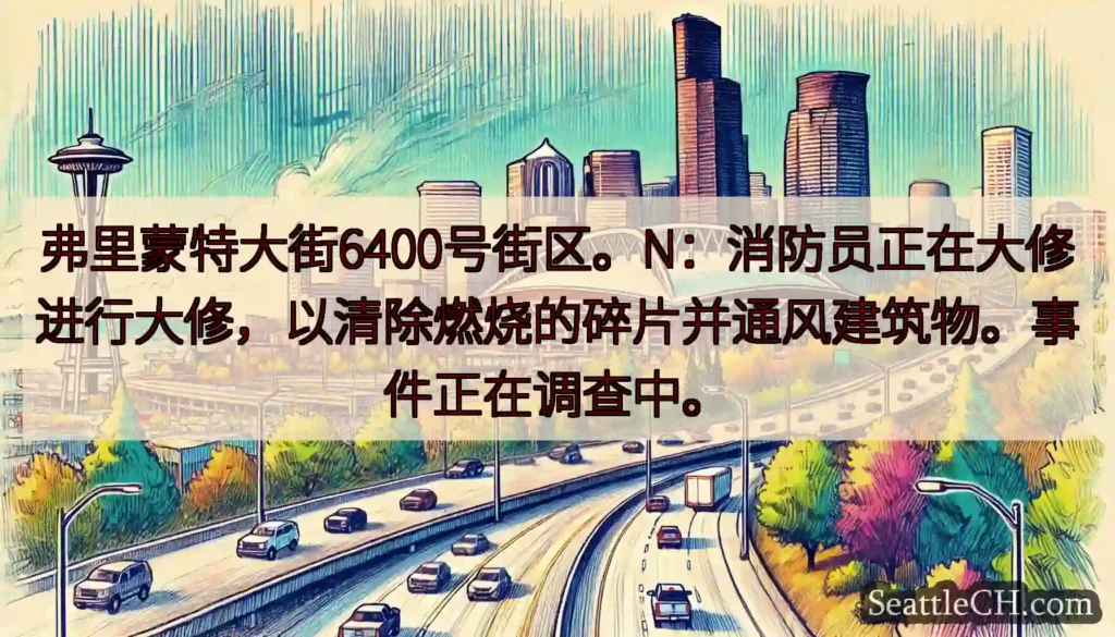 弗里蒙特大街6400号街区。N：消防员正在大修进行大修，以清除燃烧的碎片并通风建筑物。事件正在调查中