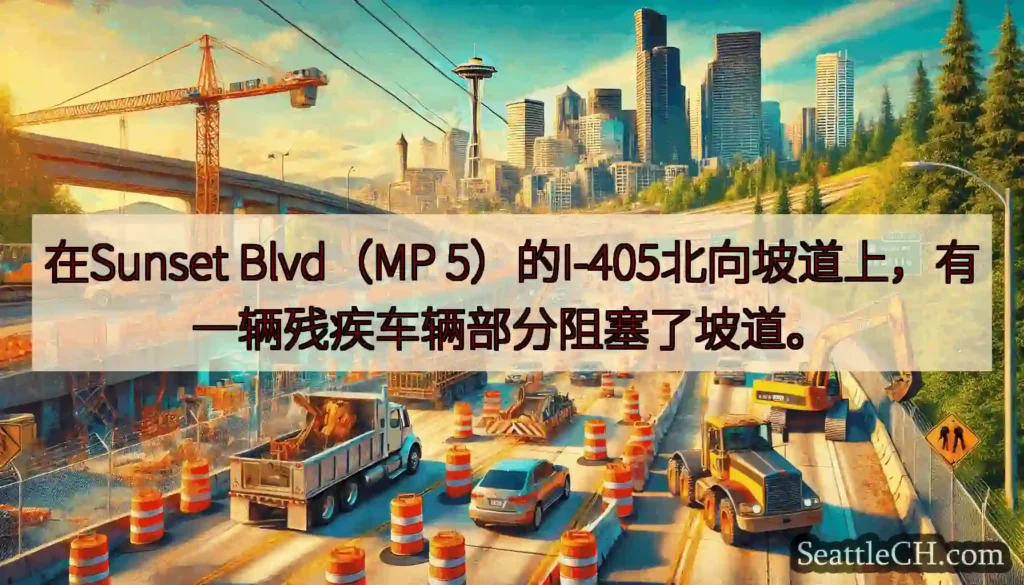 在Sunset Blvd（MP 5）的I-405北向坡道上，有一辆残疾车辆部分阻塞了坡道。