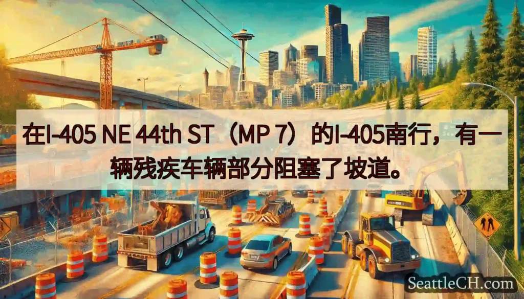 在I-405 NE 44th ST（MP 7）的I-405南行，有一辆残疾车辆部分阻塞了坡道。