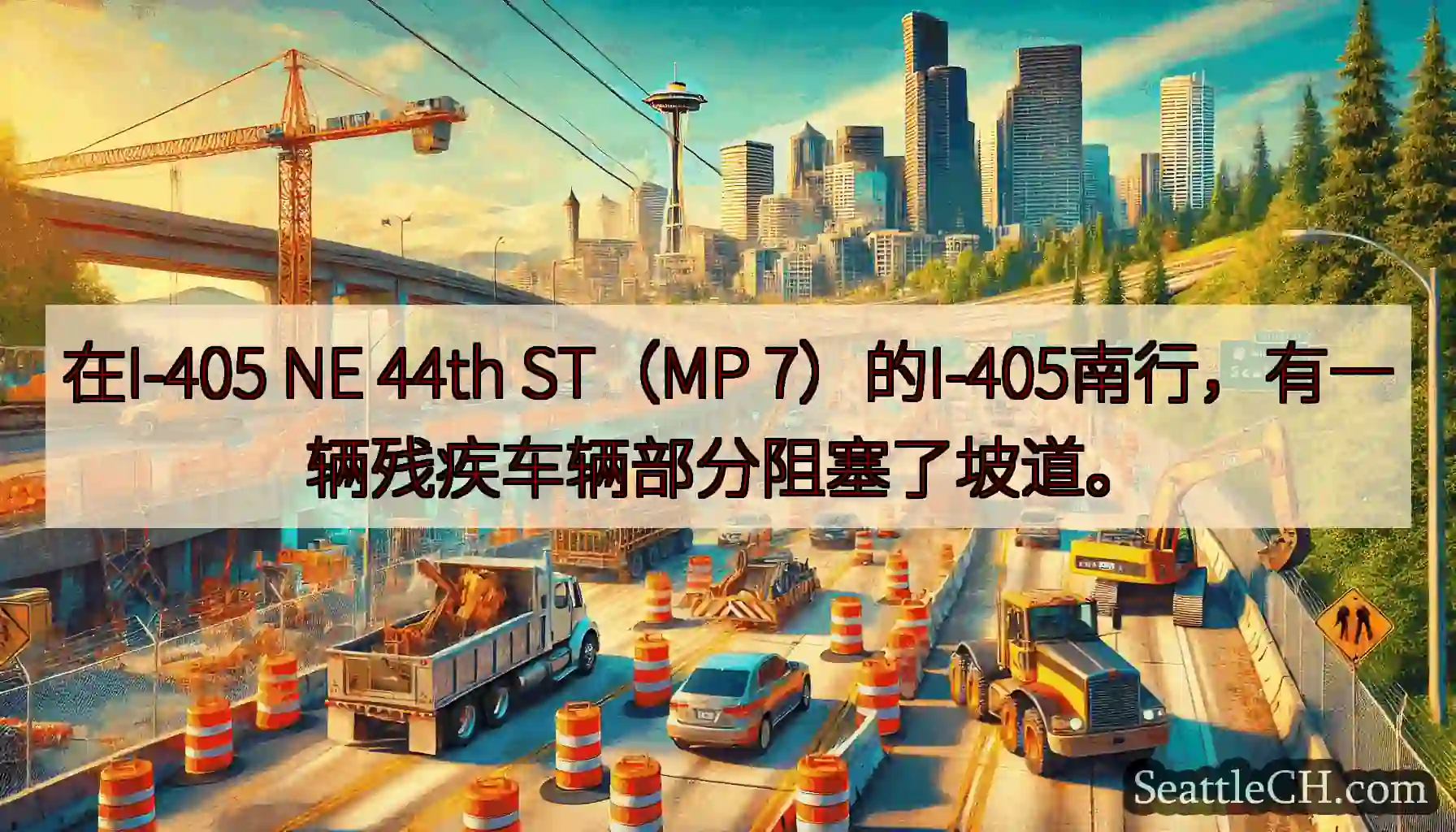 在I-405 NE 44th ST（MP 7）的I-405南行，有一辆残疾车辆部分阻塞了坡道。