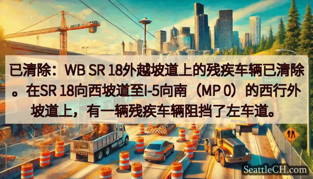 已清除：WB SR 18外越坡道上的残疾车辆已清除。在SR 18向西坡道至I-5向南（MP