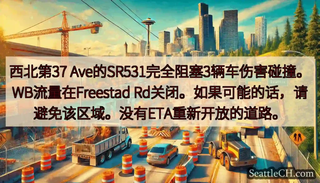 西北第37 Ave的SR531完全阻塞3辆车伤害碰撞。WB流量在Freestad