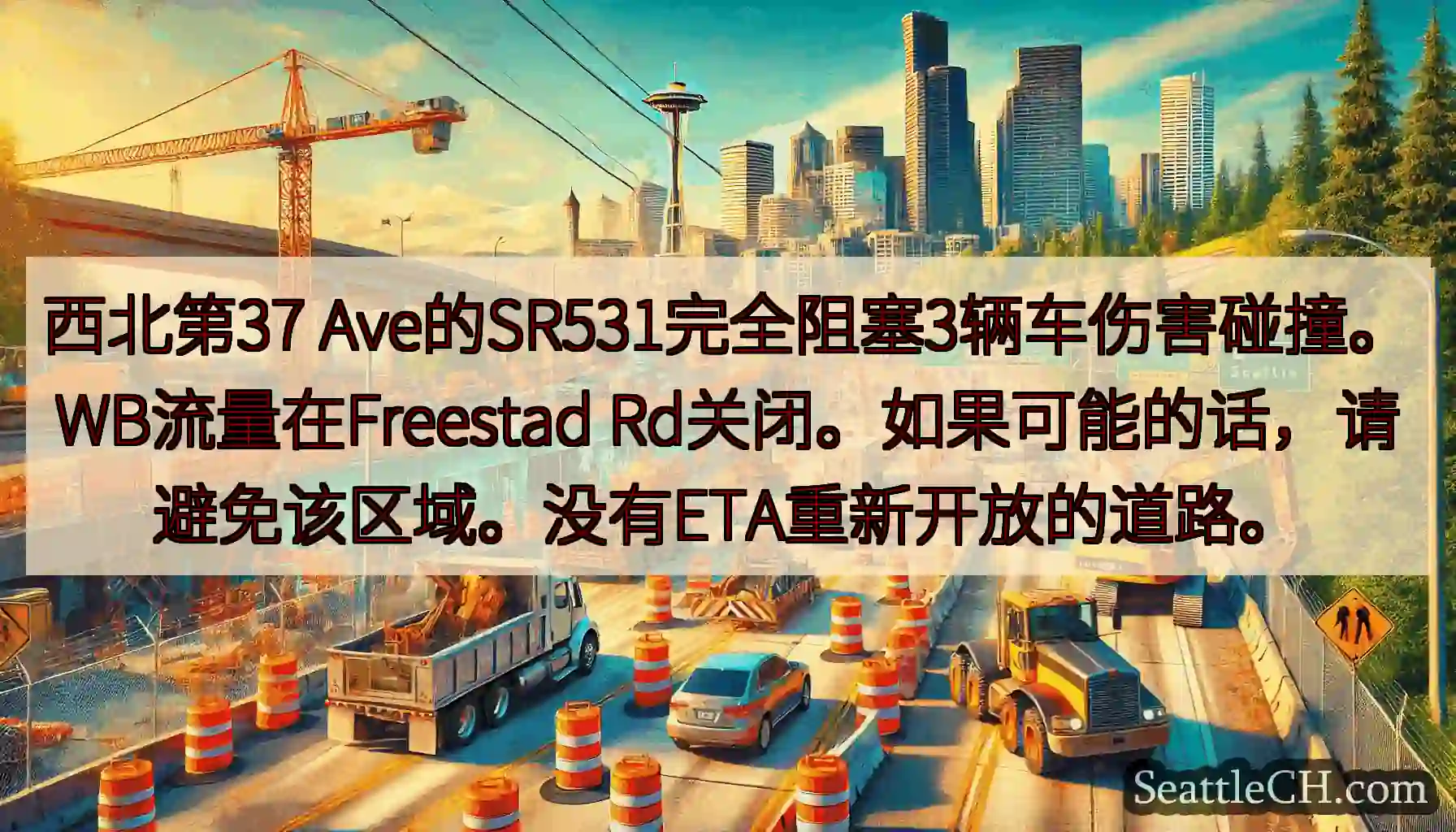 西北第37 Ave的SR531完全阻塞3辆车伤害碰撞。WB流量在Freestad