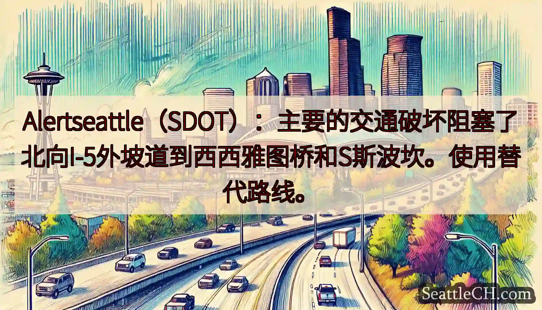Alertseattle（SDOT）：主要的交通破坏阻塞了北向I-5外坡道到西西雅图桥和S斯波坎。使