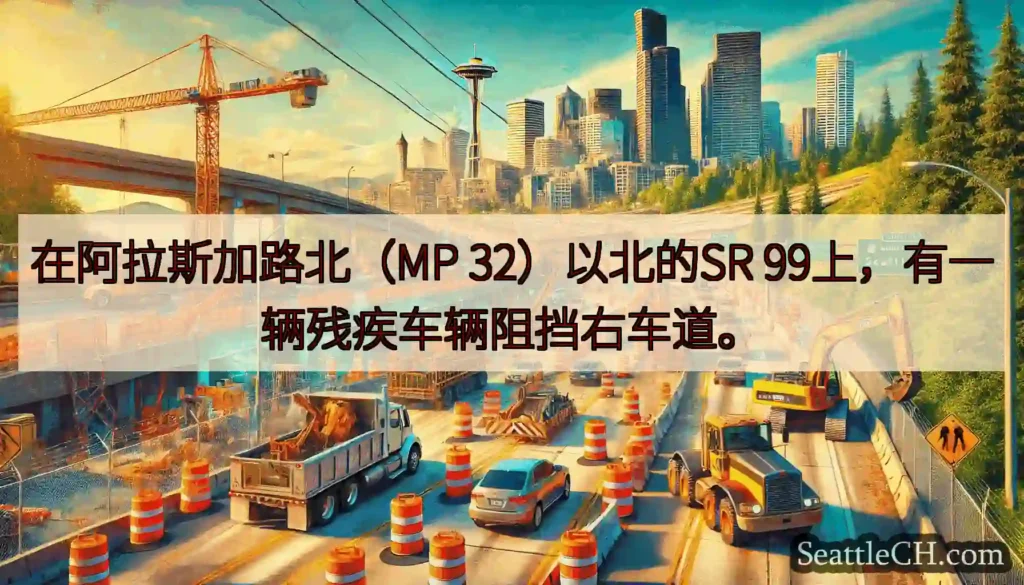 在阿拉斯加路北（MP 32）以北的SR 99上，有一辆残疾车辆阻挡右车道。