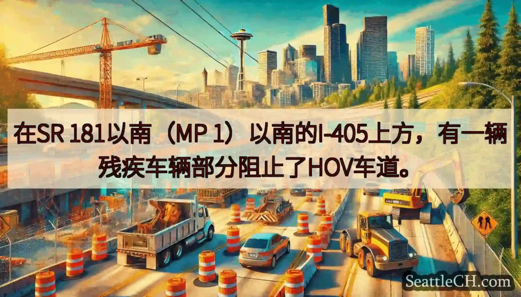 在SR 181以南（MP 1）以南的I-405上方，有一辆残疾车辆部分阻止了HOV车道。
