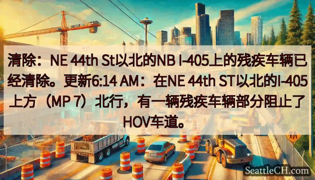 清除：NE 44th St以北的NB I-405上的残疾车辆已经清除。更新6:14 AM：在NE