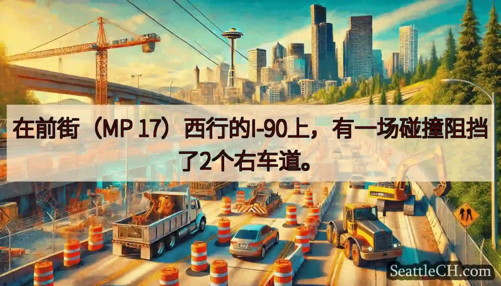 在前街（MP 17）西行的I-90上，有一场碰撞阻挡了2个右车道。