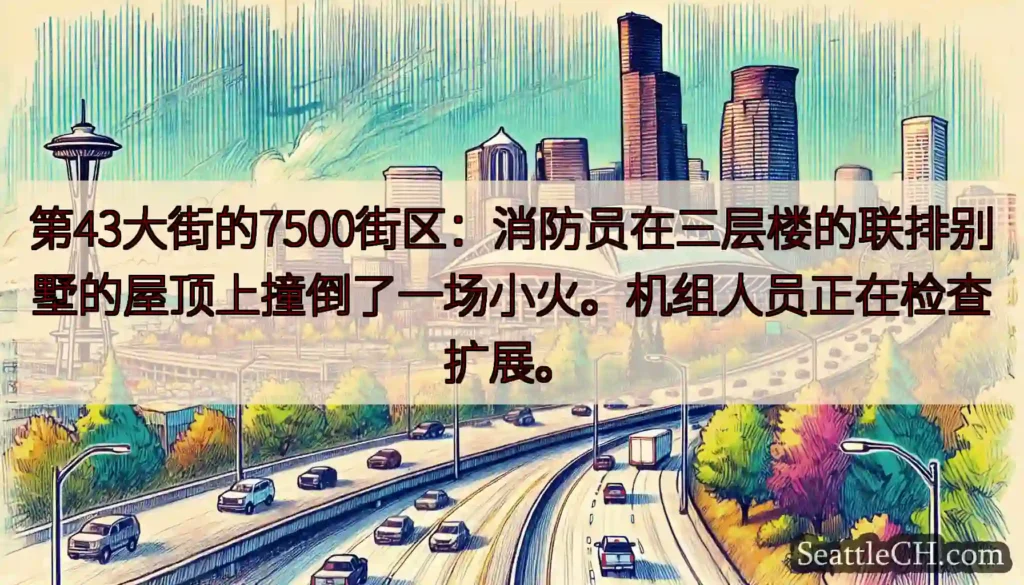 第43大街的7500街区：消防员在三层楼的联排别墅的屋顶上撞倒了一场小火。机组人员正在检查扩展。