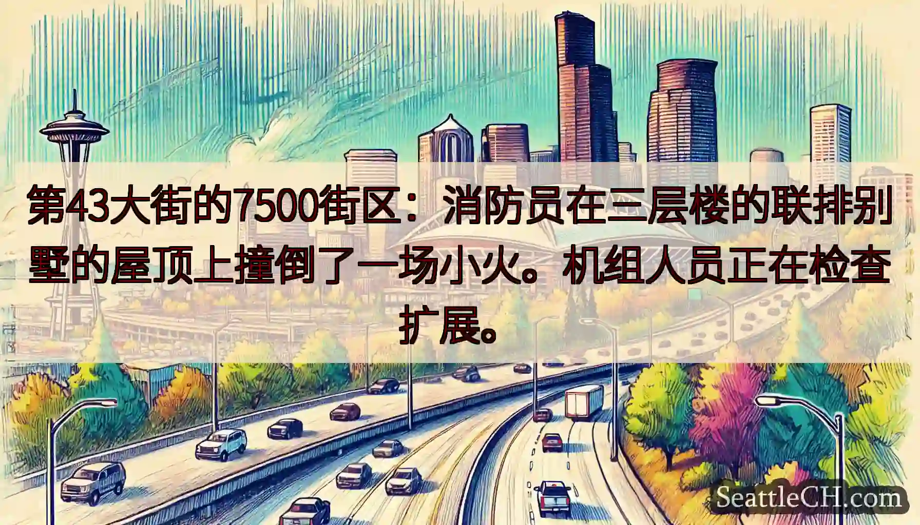第43大街的7500街区：消防员在三层楼的联排别墅的屋顶上撞倒了一场小火。机组人员正在检查扩展。