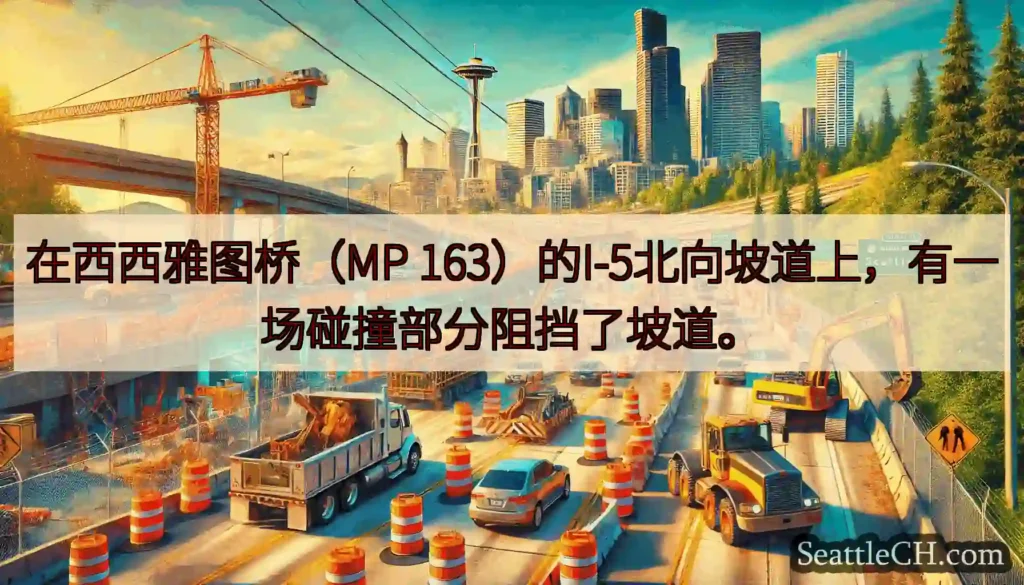 在西西雅图桥（MP 163）的I-5北向坡道上，有一场碰撞部分阻挡了坡道。