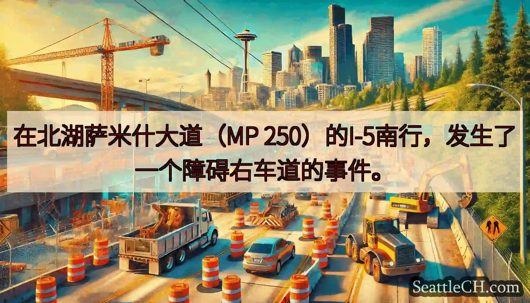在北湖萨米什大道（MP 250）的I-5南行，发生了一个障碍右车道的事件。