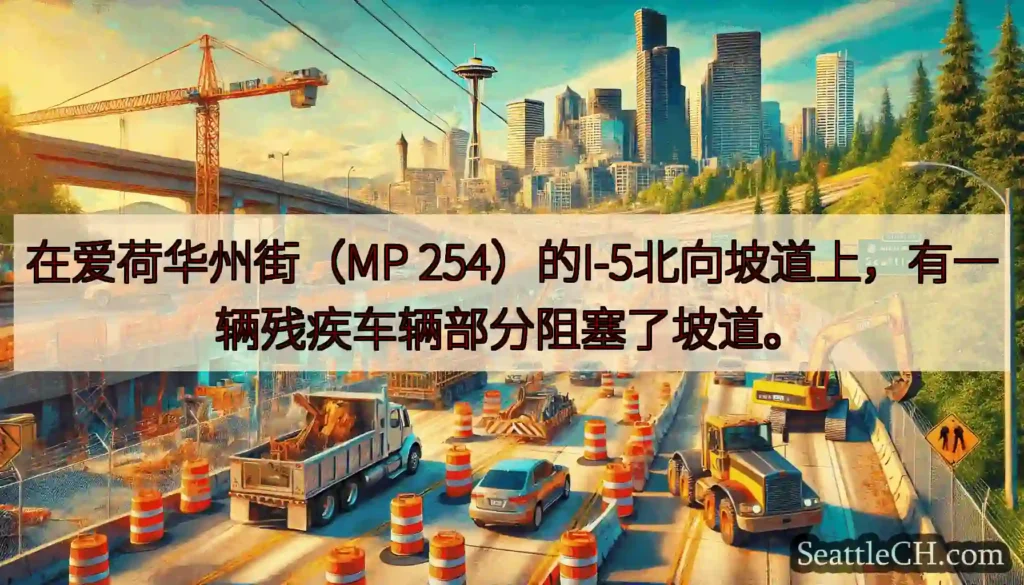 在爱荷华州街（MP 254）的I-5北向坡道上，有一辆残疾车辆部分阻塞了坡道。