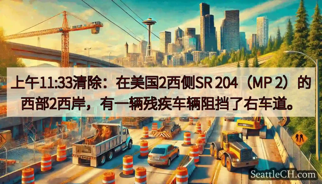 上午11:33清除：在美国2西侧SR 204（MP 2）的西部2西岸，有一辆残疾车辆阻挡了右车道。