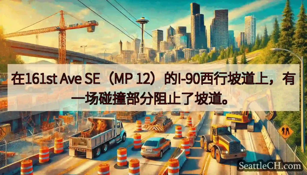 在161st Ave SE（MP 12）的I-90西行坡道上，有一场碰撞部分阻止了坡道。
