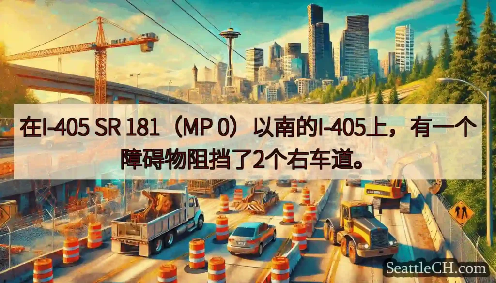 在I-405 SR 181（MP 0）以南的I-405上，有一个障碍物阻挡了2个右车道。