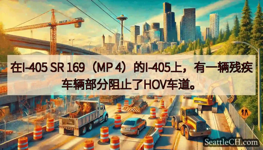 在I-405 SR 169（MP 4）的I-405上，有一辆残疾车辆部分阻止了HOV车道。