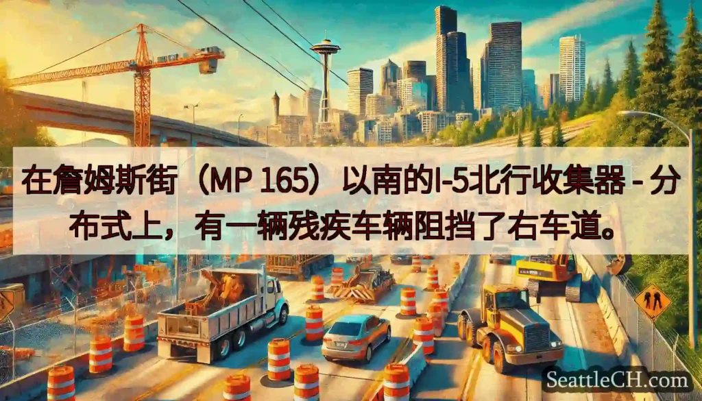 在詹姆斯街（MP 165）以南的I-5北行收集器 - 分布式上，有一辆残疾车辆阻挡了右车道。