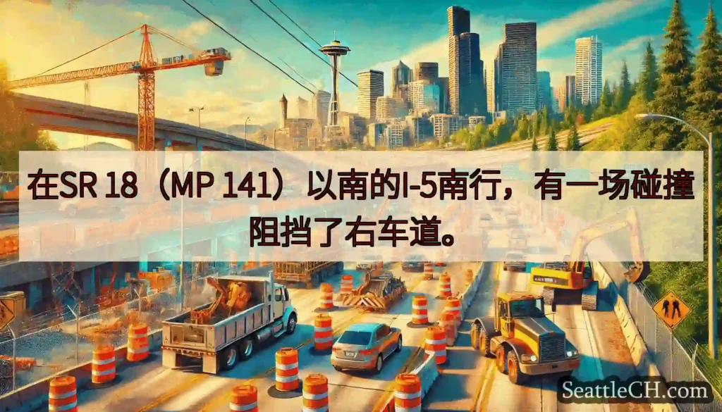 在SR 18（MP 141）以南的I-5南行，有一场碰撞阻挡了右车道。