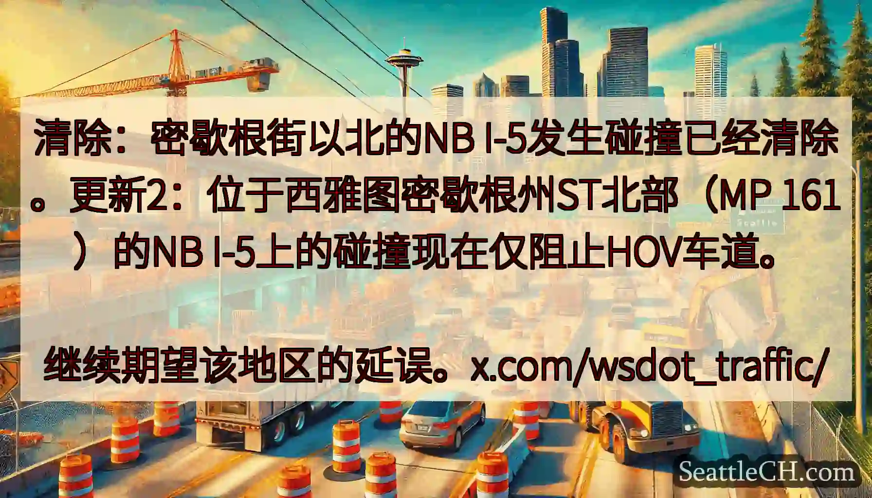 清除：密歇根街以北的NB I-5发生碰撞已经清除。更新2：位于西雅图密歇根州ST北部（MP