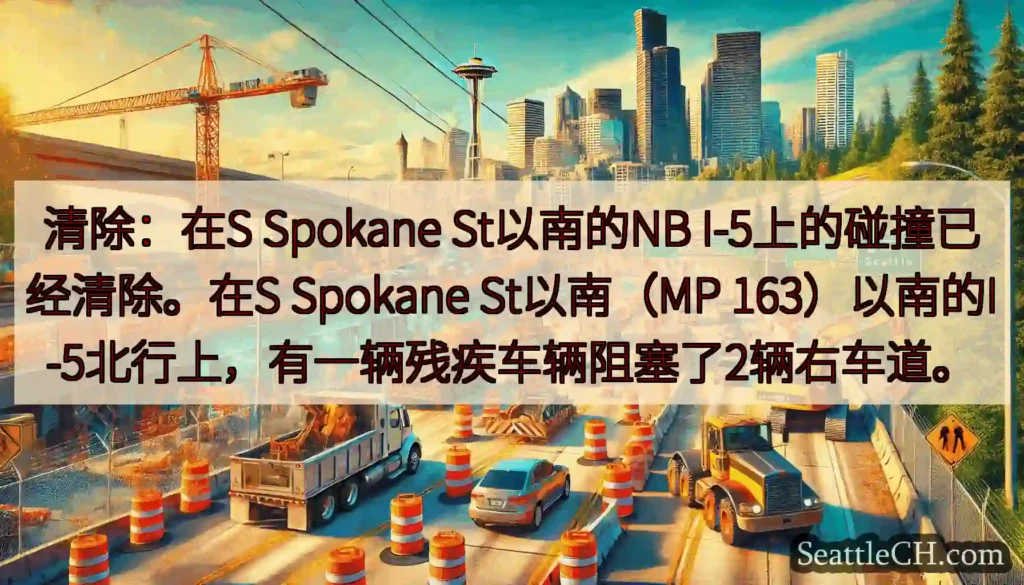 清除：在S Spokane St以南的NB I-5上的碰撞已经清除。在S Spokane