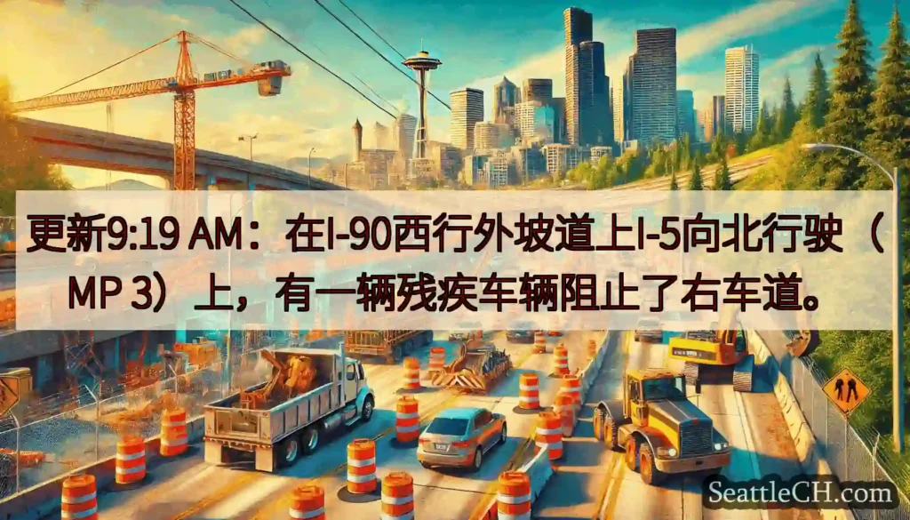 更新9:19 AM：在I-90西行外坡道上I-5向北行驶（MP 3）上，有一辆残疾车辆阻止了右车道。