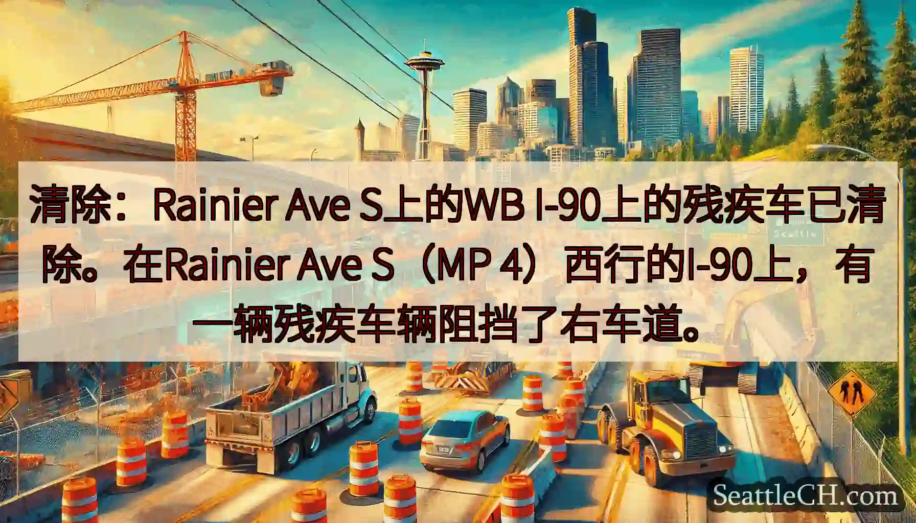 清除：Rainier Ave S上的WB I-90上的残疾车已清除。在Rainier Ave