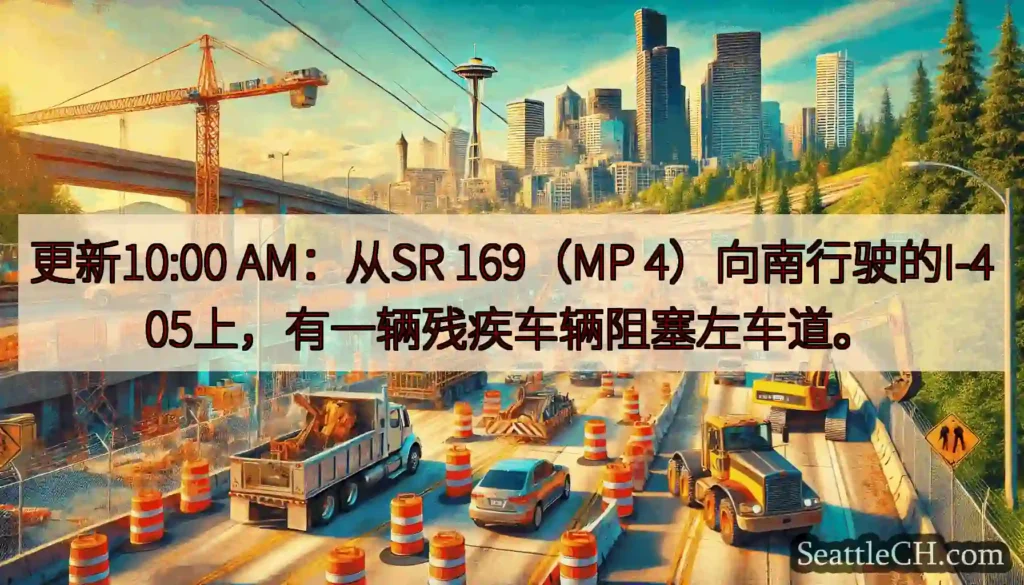 更新10:00 AM：从SR 169（MP 4）向南行驶的I-405上，有一辆残疾车辆阻塞左车道。