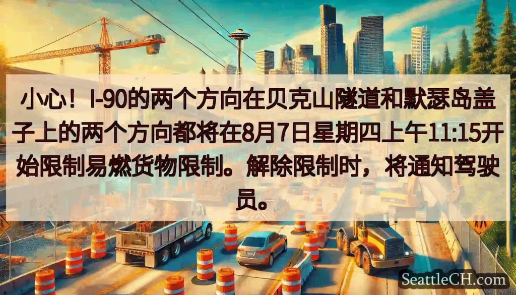 小心！I-90的两个方向在贝克山隧道和默瑟岛盖子上的两个方向都将在8月7日星期四上午11:15开始限