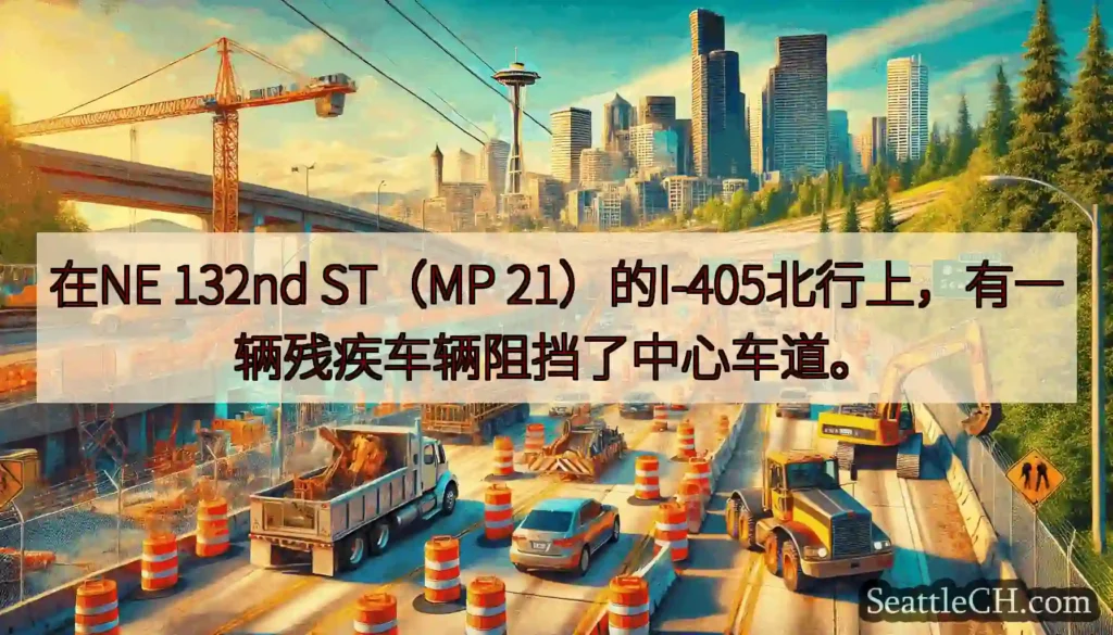 在NE 132nd ST（MP 21）的I-405北行上，有一辆残疾车辆阻挡了中心车道。