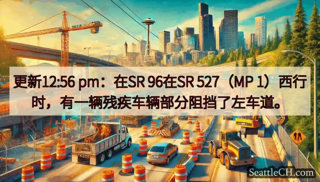 更新12:56 pm：在SR 96在SR 527（MP 1）西行时，有一辆残疾车辆部分阻挡了左车道。