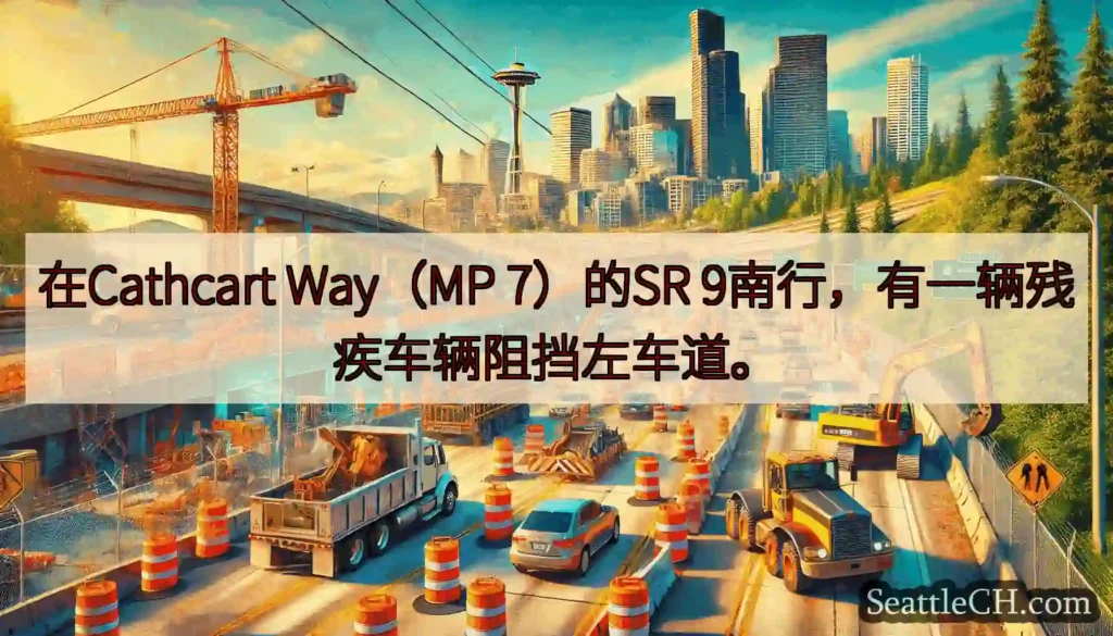 在Cathcart Way（MP 7）的SR 9南行，有一辆残疾车辆阻挡左车道。