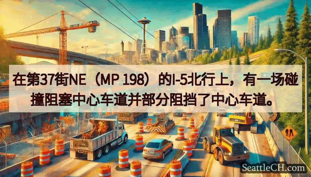 在第37街NE（MP 198）的I-5北行上，有一场碰撞阻塞中心车道并部分阻挡了中心车道。