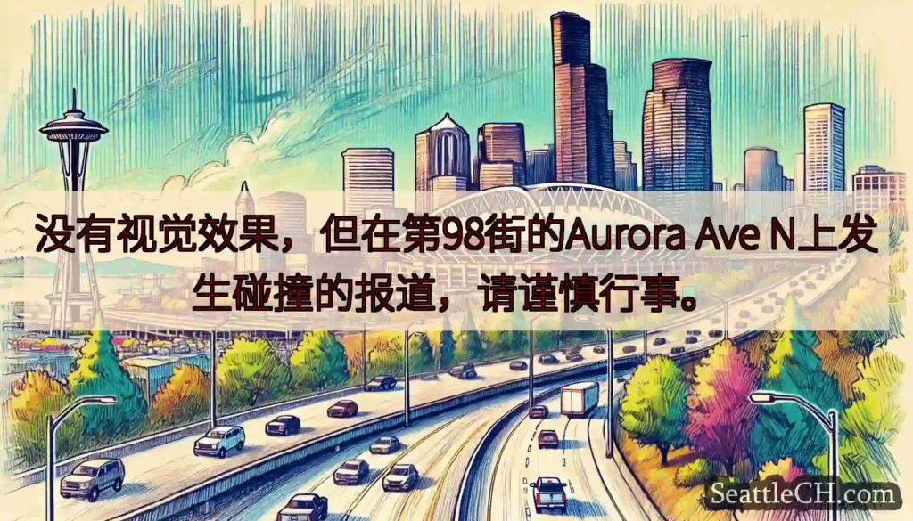 没有视觉效果，但在第98街的Aurora Ave N上发生碰撞的报道，请谨慎行事。