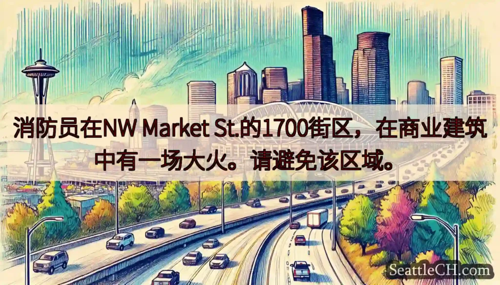 消防员在NW Market St.的1700街区，在商业建筑中有一场大火。请避免该区域。