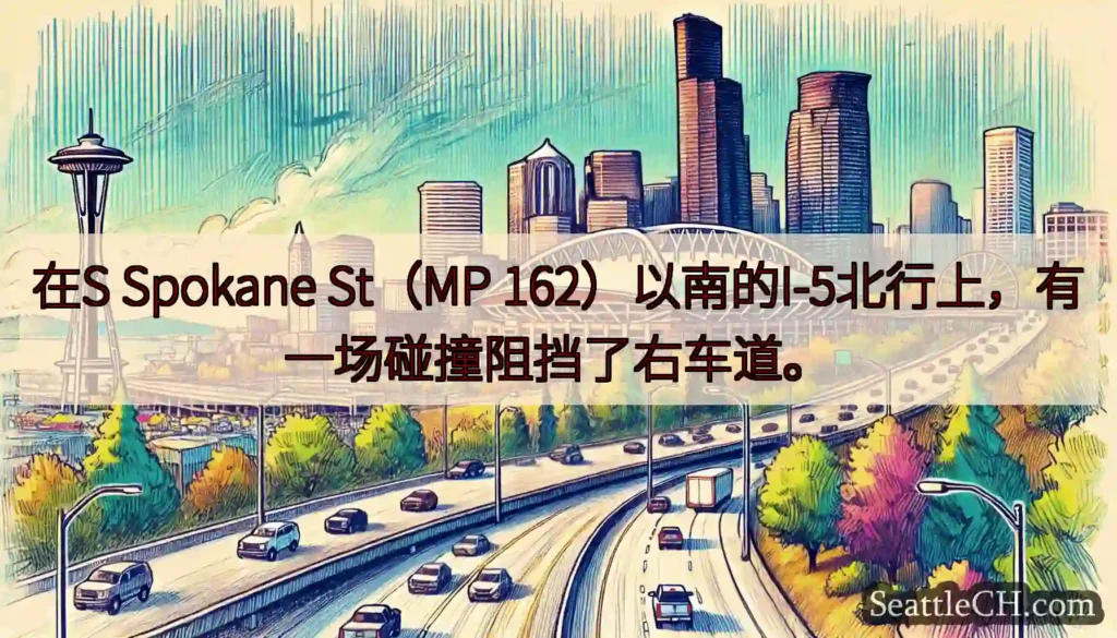 在S Spokane St（MP 162）以南的I-5北行上，有一场碰撞阻挡了右车道。