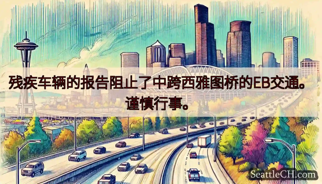 残疾车辆的报告阻止了中跨西雅图桥的EB交通。谨慎行事。