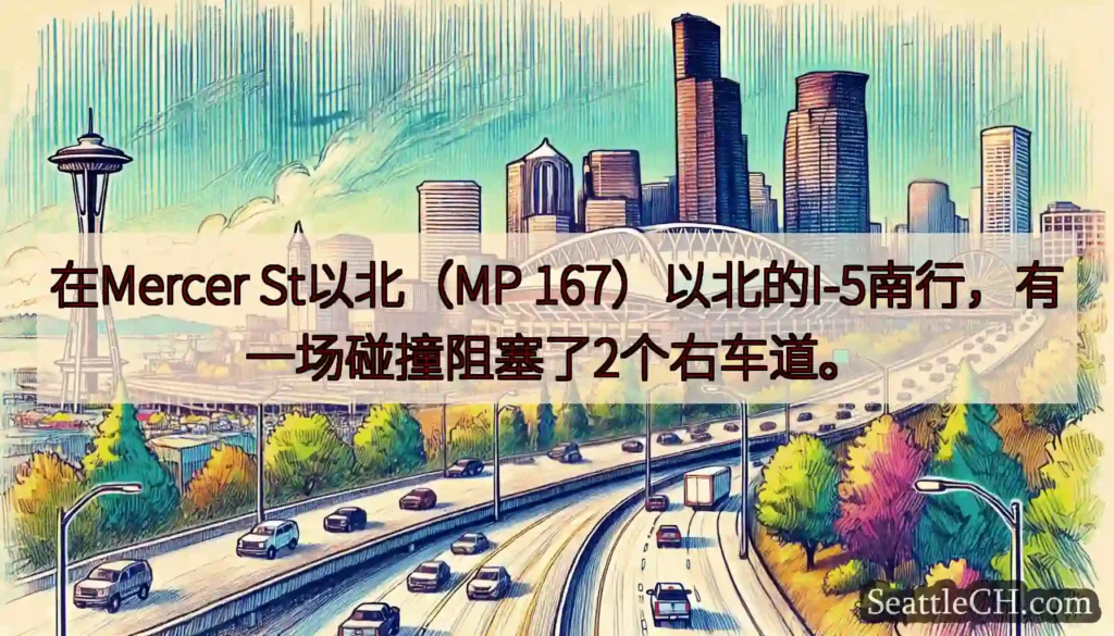 在Mercer St以北（MP 167）以北的I-5南行，有一场碰撞阻塞了2个右车道。