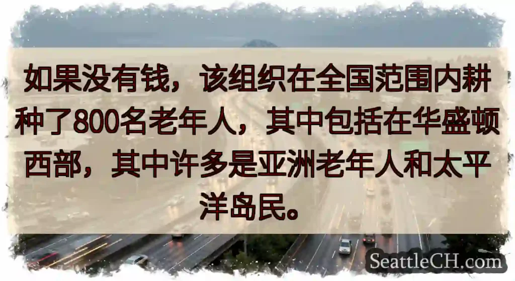 如果没有钱，该组织在全国范围内耕种了800名老年人，其中包括在华盛顿西部，其中许多是亚洲老年人和太平