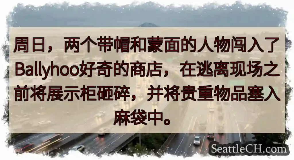 周日，两个带帽和蒙面的人物闯入了Ballyhoo好奇的商店，在逃离现场之前将展示柜砸碎，并将贵重物品