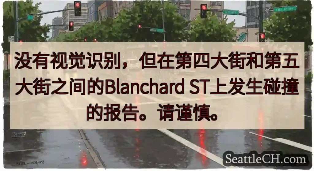 没有视觉识别，但在第四大街和第五大街之间的Blanchard ST上发生碰撞的报告。请谨慎。