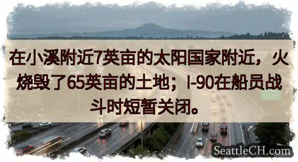 在小溪附近7英亩的太阳国家附近，火烧毁了65英亩的土地；I-90在船员战斗时短暂关闭。