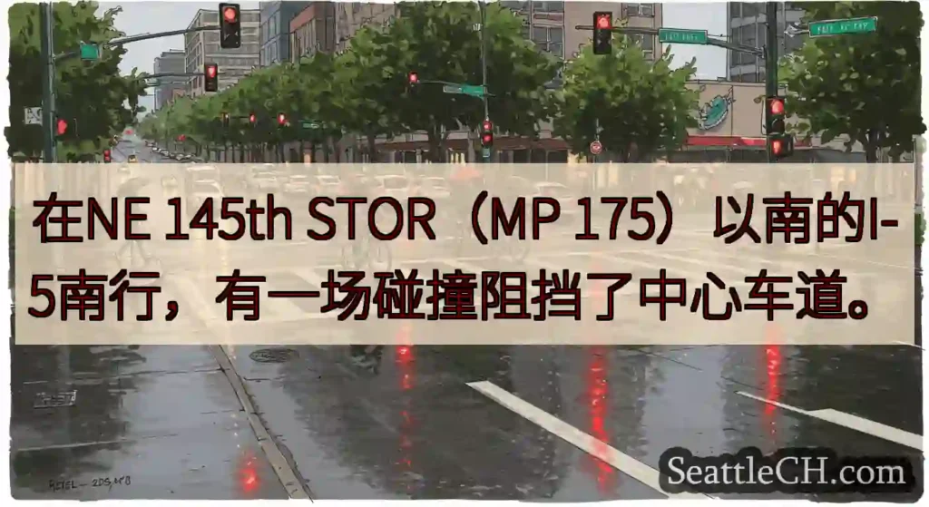 在NE 145th STOR（MP 175）以南的I-5南行，有一场碰撞阻挡了中心车道。
