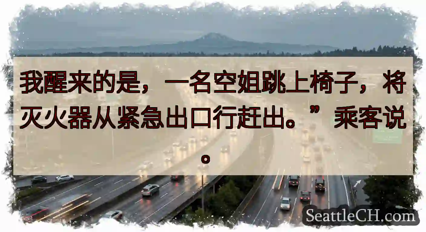 我醒来的是，一名空姐跳上椅子，将灭火器从紧急出口行赶出。”乘客说。