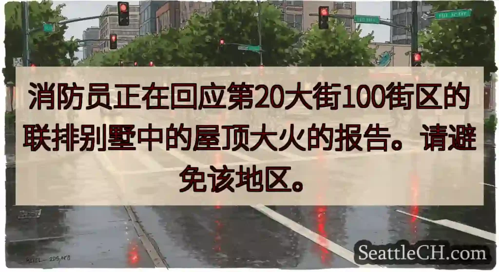 消防员正在回应第20大街100街区的联排别墅中的屋顶大火的报告。请避免该地区。