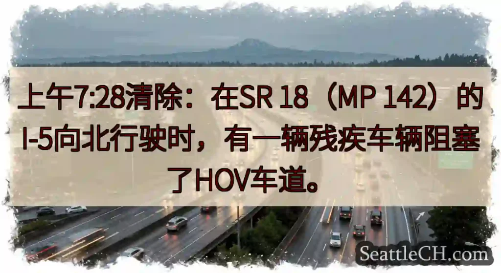 上午7:28清除：在SR 18（MP 142）的I-5向北行驶时，有一辆残疾车辆阻塞了HOV车道。