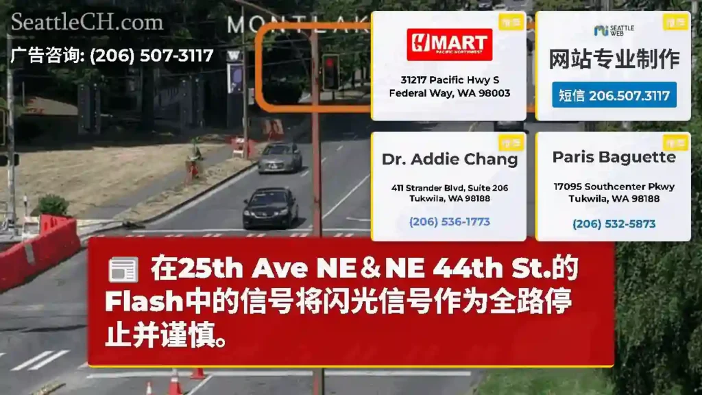 在25th Ave NE＆NE 44th St.的Flash中的信号将闪光信号作为全路停止并谨慎。