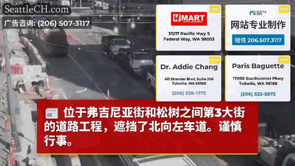 位于弗吉尼亚街和松树之间第3大街的道路工程，遮挡了北向左车道。谨慎行事。