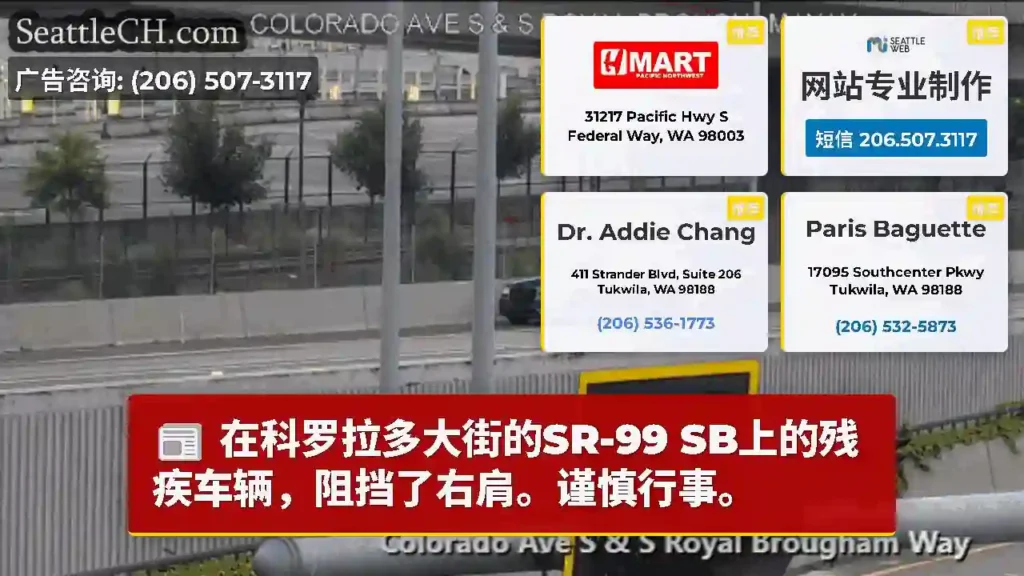 在科罗拉多大街的SR-99 SB上的残疾车辆，阻挡了右肩。谨慎行事。
